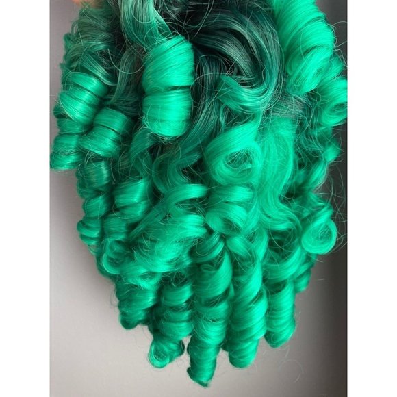 Ombre Green Afro Curly Wig with Bangs - Picture 2 of 3